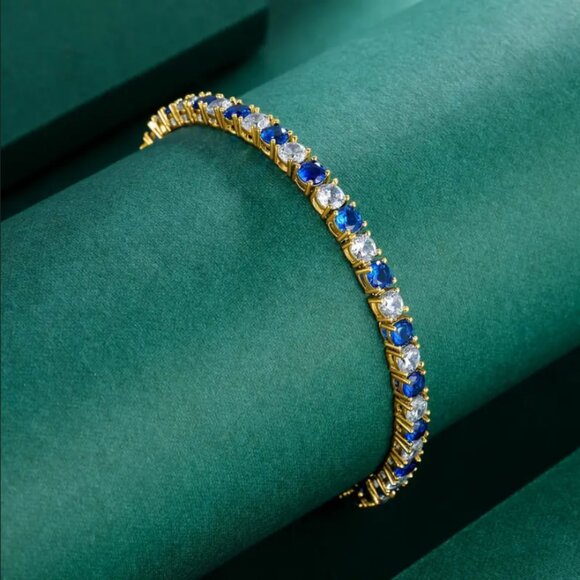 Mens 14K Gold 2ct Blue Sapphire Gemstone Diamond Tennis Bracelet 7